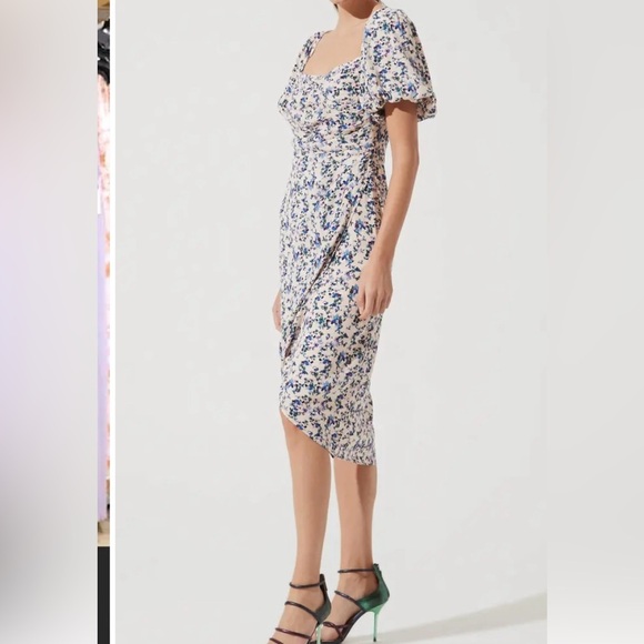 Astr The Label Floral Rouched Square Neck Bubble Sleeve Midi Dress Size M - Picture 7 of 7